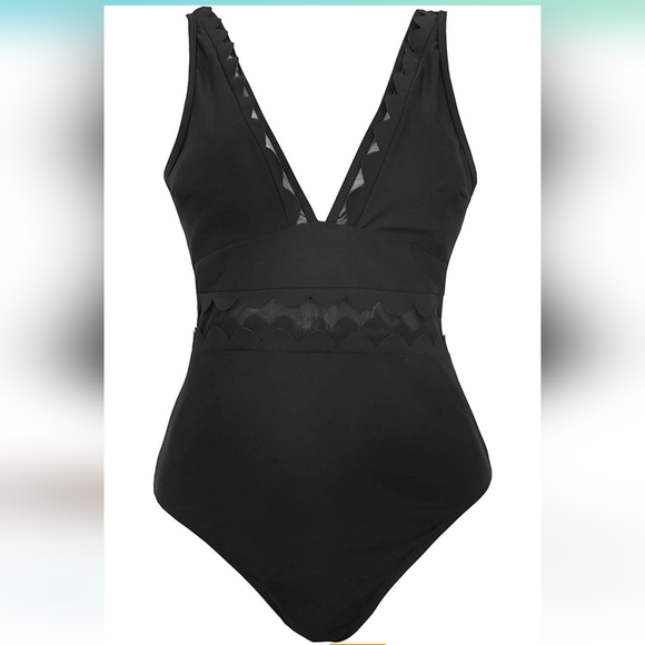 CUPSHE Women's One Piece V Neck Scalloped Mesh Swimsuit ~ Black - Picture 4 of 14